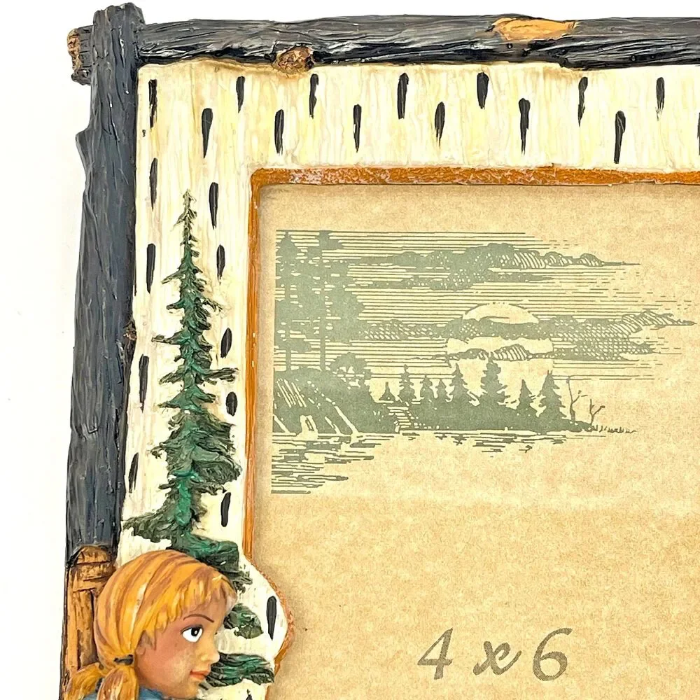 Vintage Wilcor 4x6 Photo Frame Hand Painted Camping Girl with Campfire Rustic